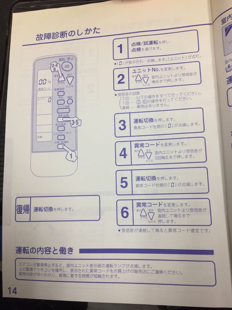 ダイキンワイヤレスリモコンの異常点検の手順